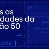 Imagem com fundo azul-escuro convidando os visitantes a conferir as novidades do Logos de abril de 2026.