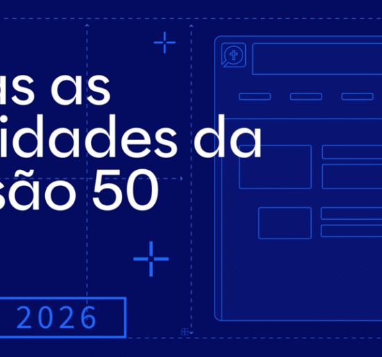 Imagem com fundo azul-escuro convidando os visitantes a conferir as novidades do Logos de abril de 2026.